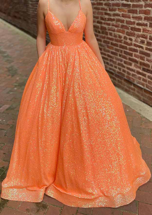 A-Line V-Neck Sleeveless Prom Dress/Evening Dress with Sequins and Pockets