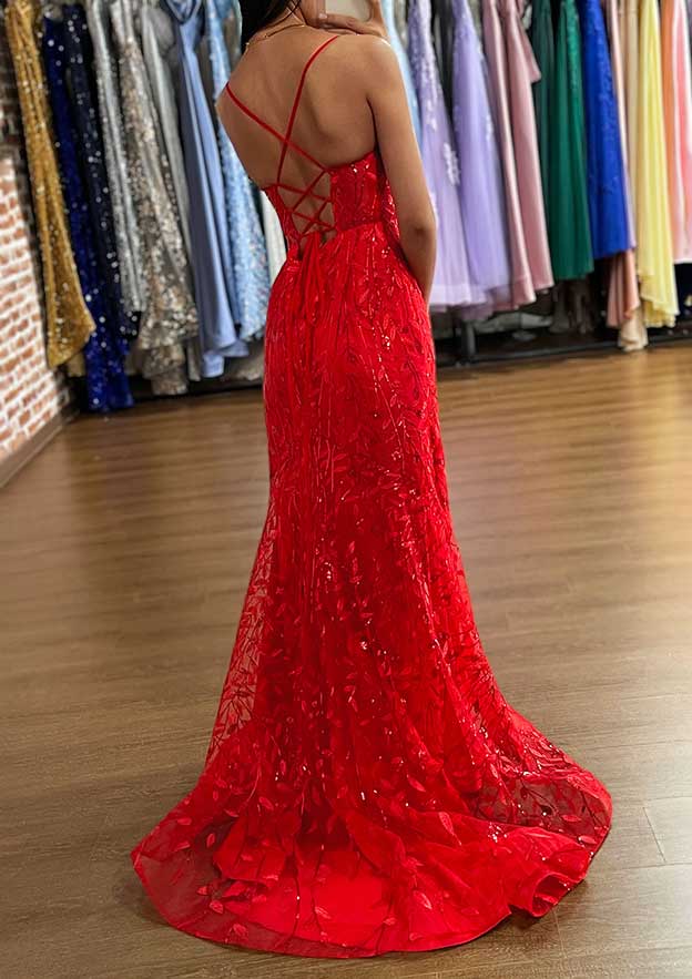 A-Line V-Neck Sleeveless Prom Dress/Evening Dress with Sequins Split and Sweep Train Tulle