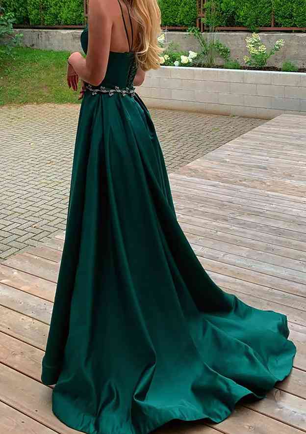 A-Line V-Neck Sleeveless Satin Prom Dress/Evening Dress with Pockets Waistband & Split Train