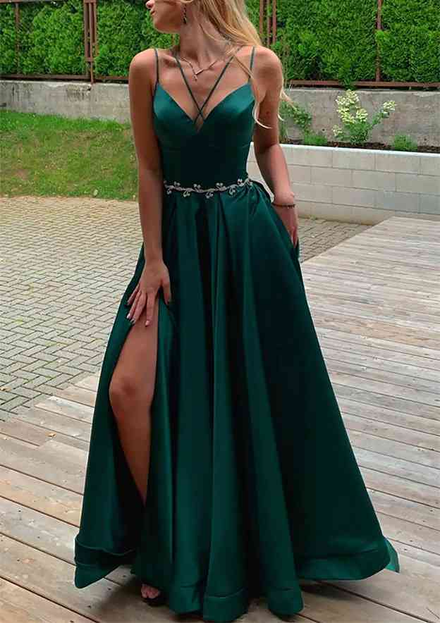 A-Line V-Neck Sleeveless Satin Prom Dress/Evening Dress with Pockets Waistband & Split Train