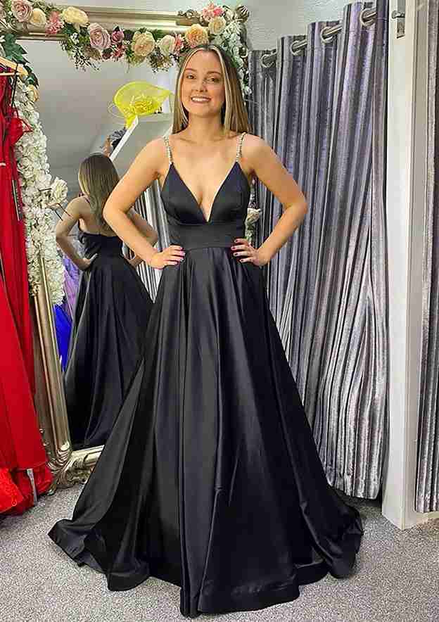 A-Line V-Neck Sleeveless Satin Sweep Train Prom Dress/Evening Dress With Beading