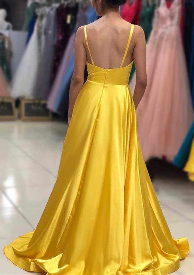 A-Line V-Neck Sleeveless Satin Sweep Train Prom Dress/Evening Dress With Pleated Detail