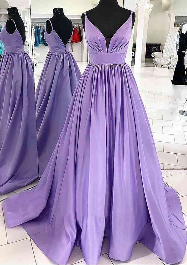 A-Line V-Neck Sleeveless Satin Sweep Train Prom Dress/Evening Dress With Pleated