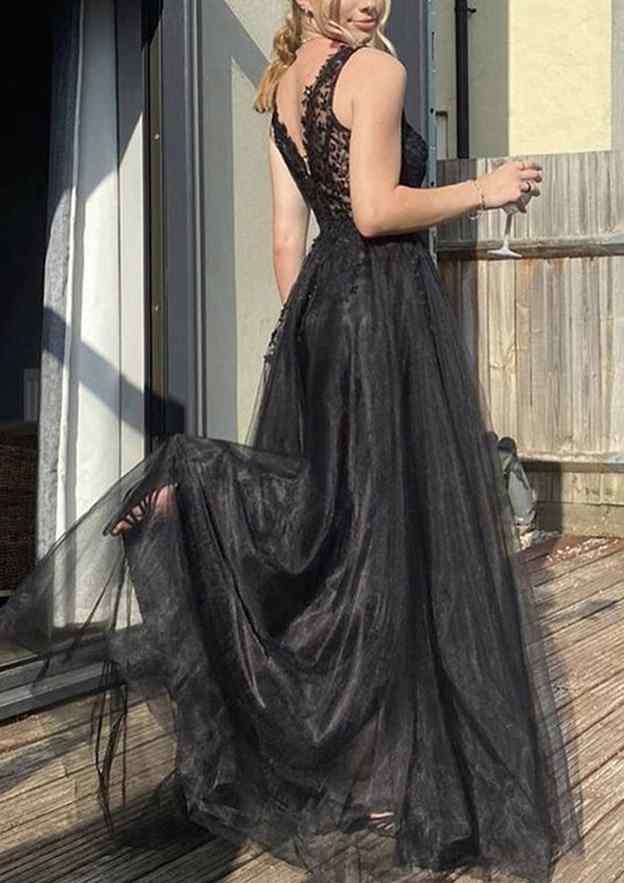 A-Line V-Neck Sleeveless Sweep Train Tulle Prom Dress/Evening Dress With Appliqued Beading