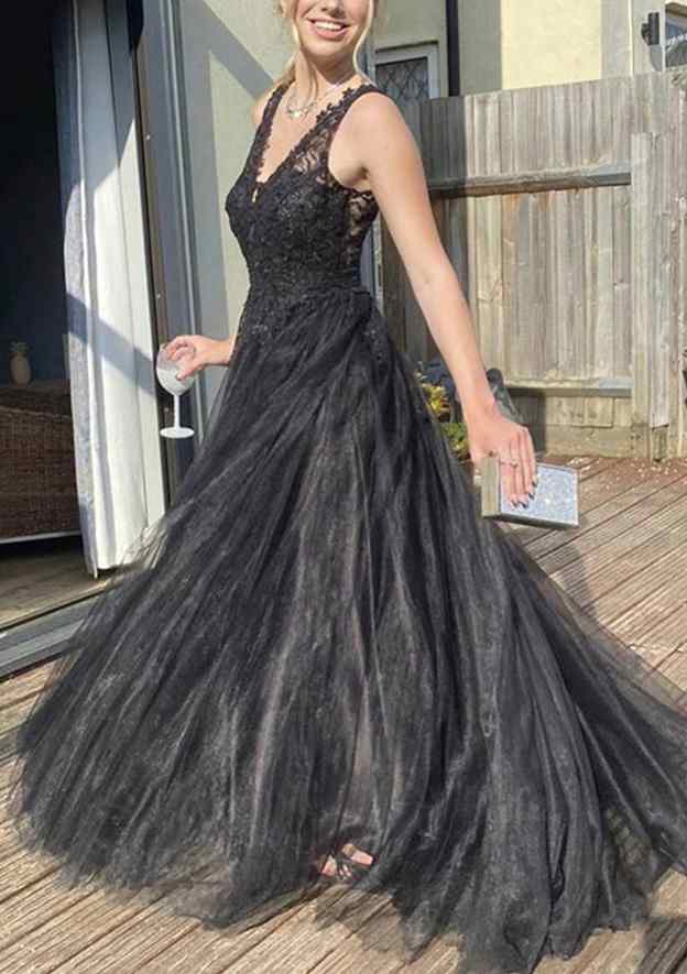 A-Line V-Neck Sleeveless Sweep Train Tulle Prom Dress/Evening Dress With Appliqued Beading