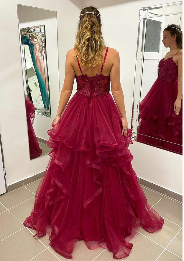 A-Line V-Neck Sleeveless Sweep Train Tulle Prom Dress/Evening Dress with Appliqued Beading Ruffles