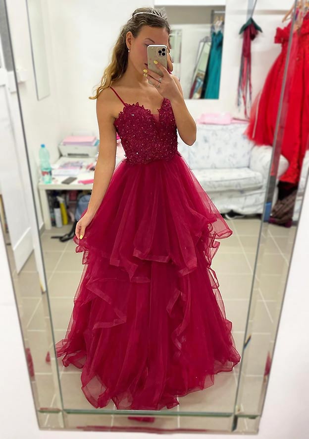 A-Line V-Neck Sleeveless Sweep Train Tulle Prom Dress/Evening Dress with Appliqued Beading Ruffles