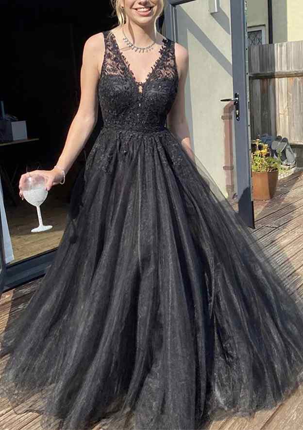 A-Line V-Neck Sleeveless Sweep Train Tulle Prom Dress/Evening Dress With Appliqued Beading