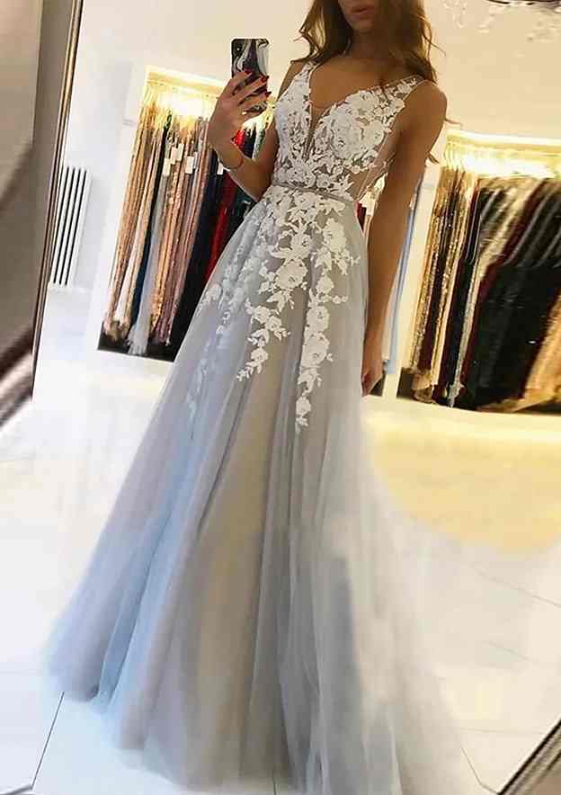 A-Line V-Neck Sleeveless Sweep Train Tulle Prom Dress/Evening Dress With Beading Laced