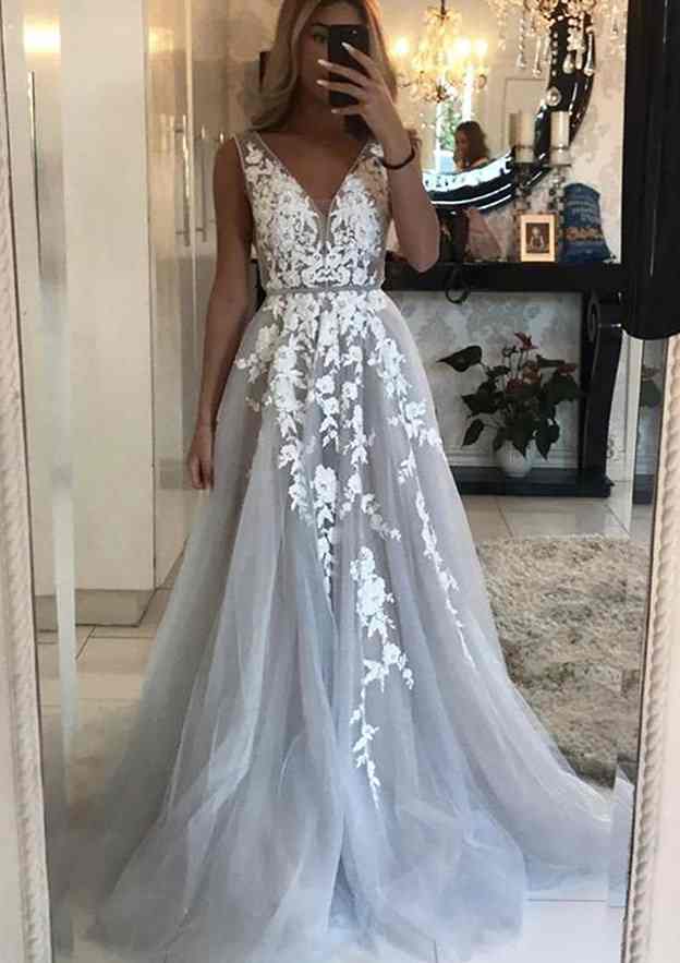 A-Line V-Neck Sleeveless Sweep Train Tulle Prom Dress/Evening Dress With Beading Laced