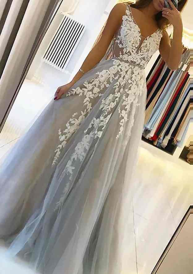 A-Line V-Neck Sleeveless Sweep Train Tulle Prom Dress/Evening Dress With Beading Laced