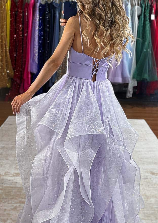 A-Line V-Neck Sleeveless Tulle Long Prom Dress/Evening Dress with Ruffles Glitter