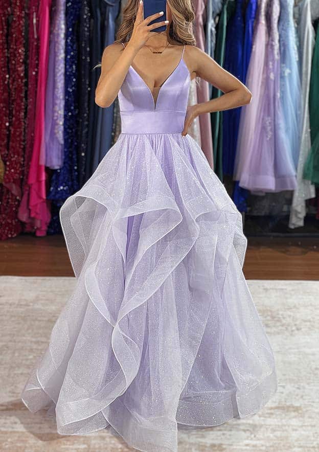 A-Line V-Neck Sleeveless Tulle Long Prom Dress/Evening Dress with Ruffles Glitter