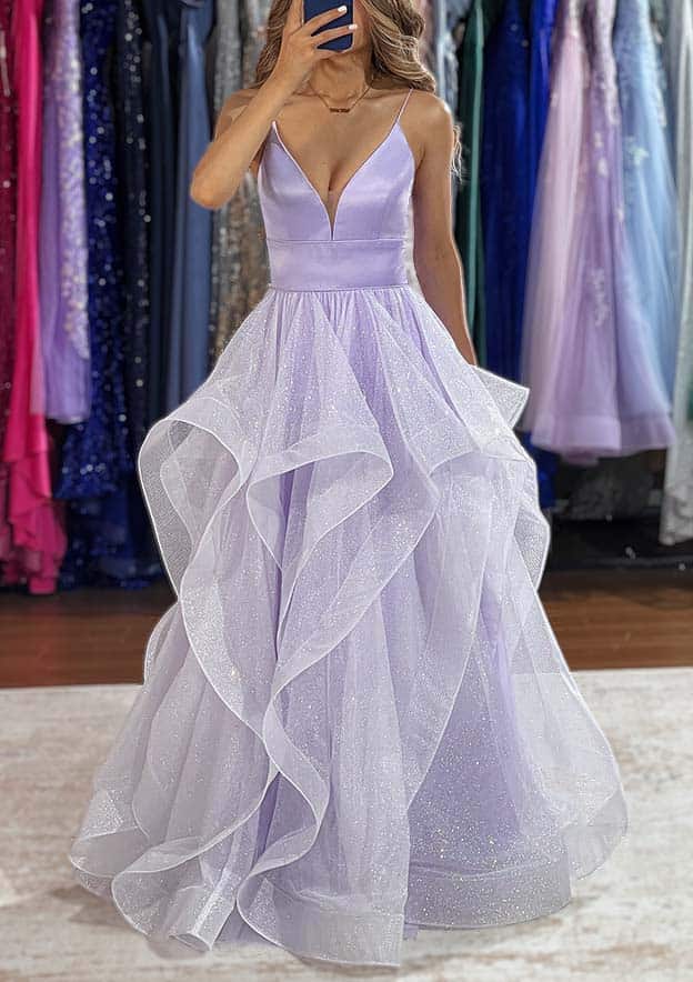 A-Line V-Neck Sleeveless Tulle Long Prom Dress/Evening Dress with Ruffles Glitter