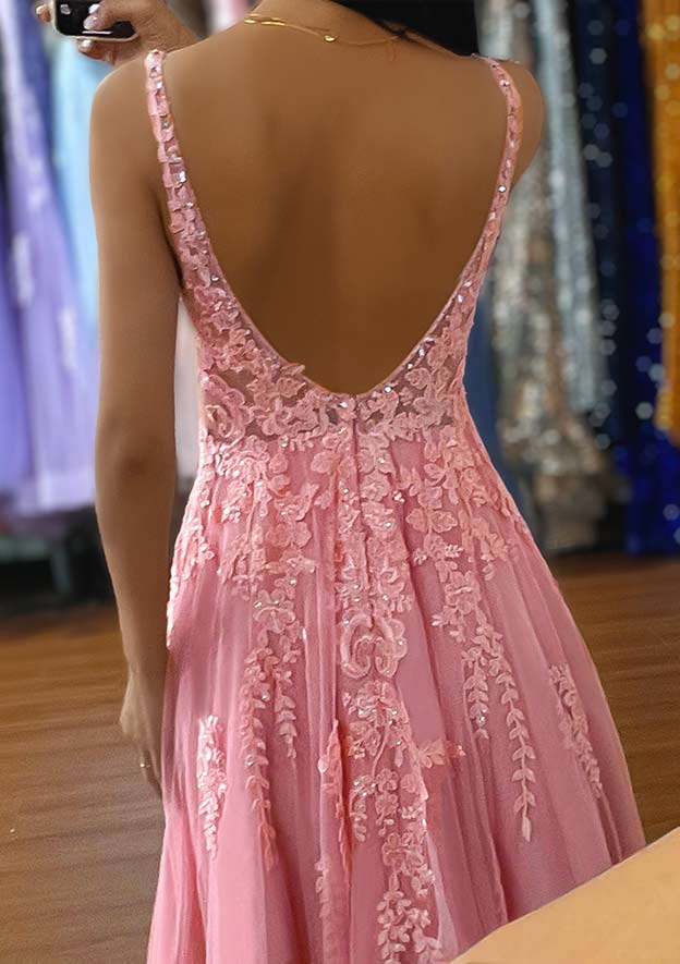 A-Line V-Neck Sleeveless Tulle Prom Dress/Evening Dress with Appliqued Beading