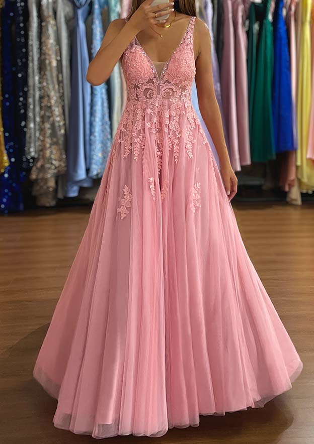 A-Line V-Neck Sleeveless Tulle Prom Dress/Evening Dress with Appliqued Beading