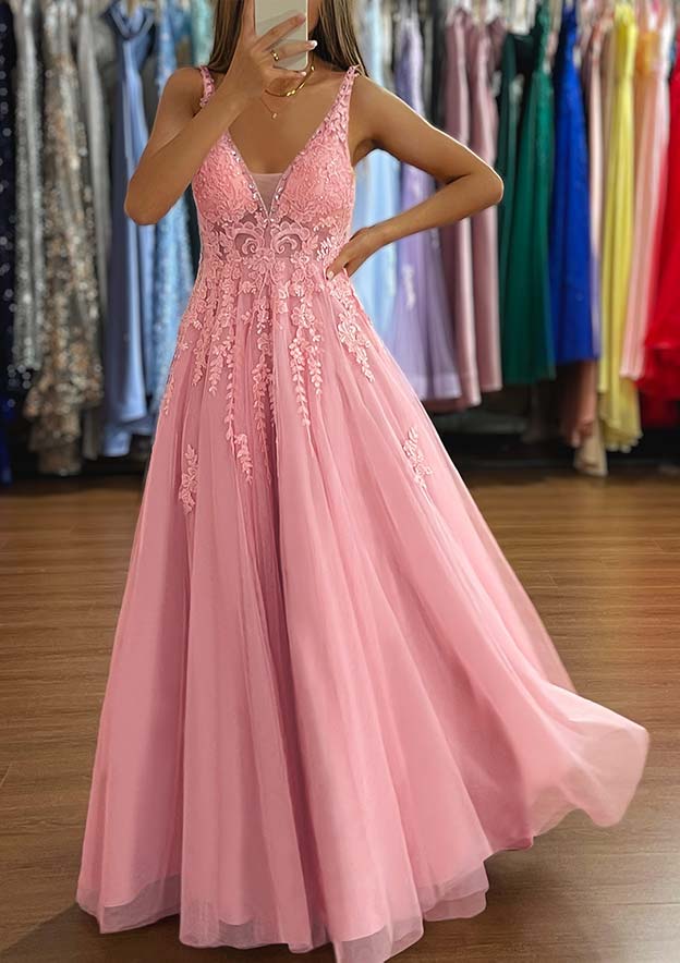 A-Line V-Neck Sleeveless Tulle Prom Dress/Evening Dress with Appliqued Beading