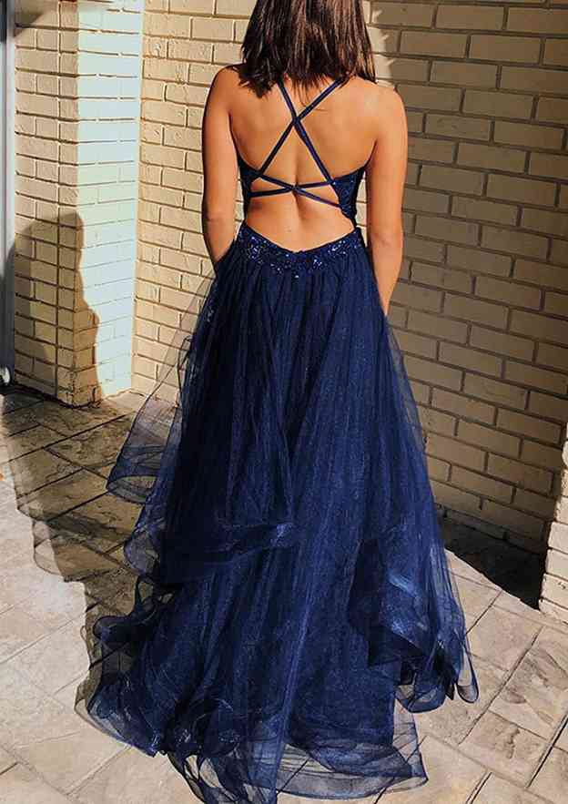 A-Line V-Neck Sleeveless Tulle Prom Dress/Evening Dress With Appliqued Beading and Sweep Train