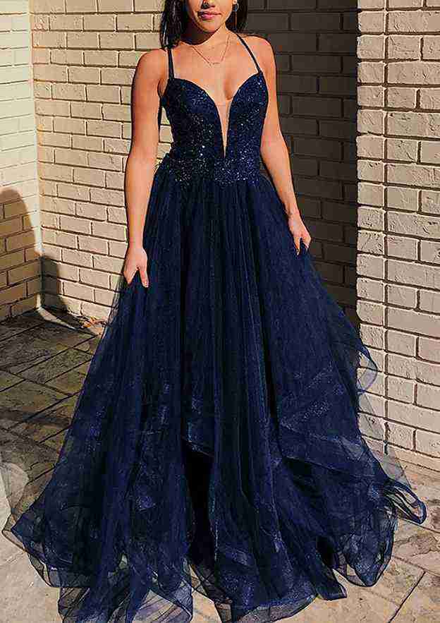 A-Line V-Neck Sleeveless Tulle Prom Dress/Evening Dress With Appliqued Beading and Sweep Train