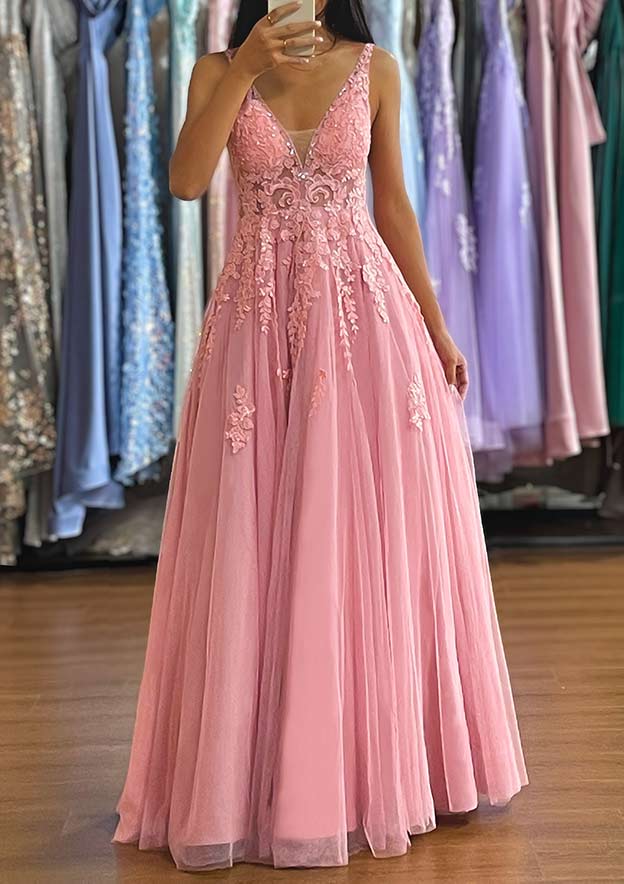 A-Line V-Neck Sleeveless Tulle Prom Dress/Evening Dress with Appliqued Beading