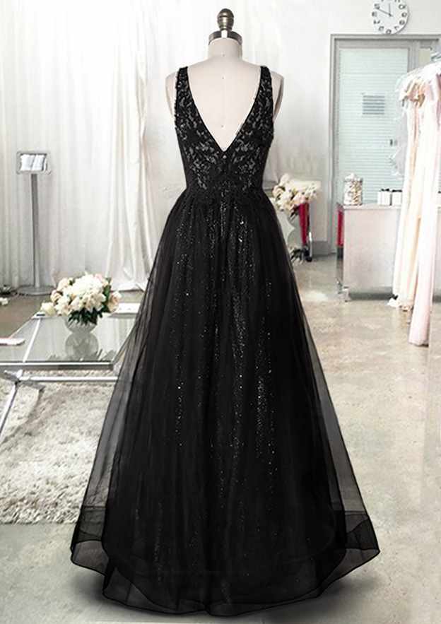 A-Line V-Neck Sleeveless Tulle Prom Dress/Evening Dress with Beading Appliqued for Long/Floor-Length Look