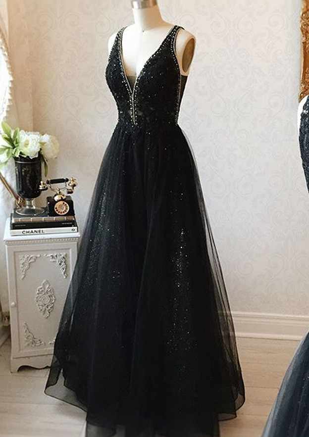 A-Line V-Neck Sleeveless Tulle Prom Dress/Evening Dress with Beading Appliqued for Long/Floor-Length Look