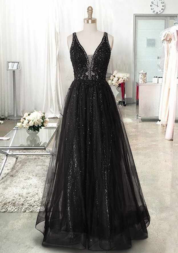 A-Line V-Neck Sleeveless Tulle Prom Dress/Evening Dress with Beading Appliqued for Long/Floor-Length Look