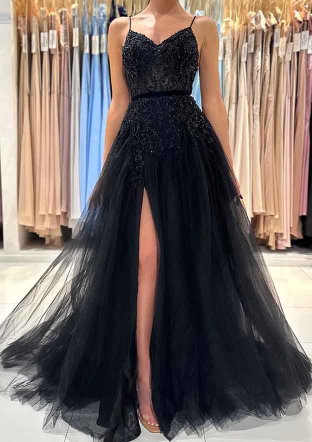 A-Line V-Neck Sleeveless Tulle Prom Dress/Evening Dress with Beading Split and Floor-Length Style