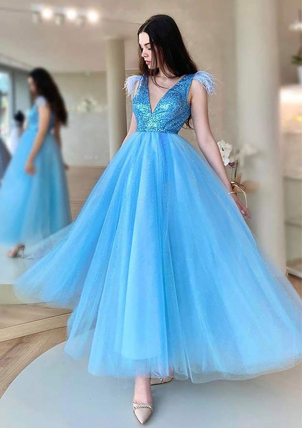 A-Line V-Neck Sleeveless Tulle Prom Dress/Evening Dress With Sequins Feather