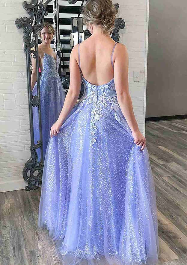 A-Line V-Neck Spaghetti Strap Glitter Tulle Prom Dress/Evening Dress with Appliqued Pockets