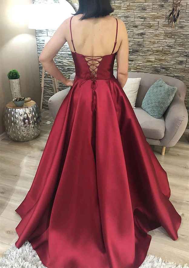 A-Line V-Neck Spaghetti Straps Charmeuse Prom Dress/Evening Dress with Pockets