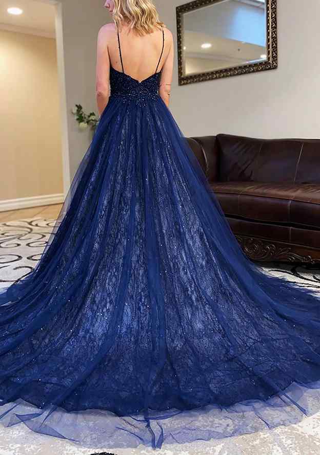 A-Line V-Neck Spaghetti Straps Court Train Laced Tulle Prom Dress/Evening Dress with Beading Sequins