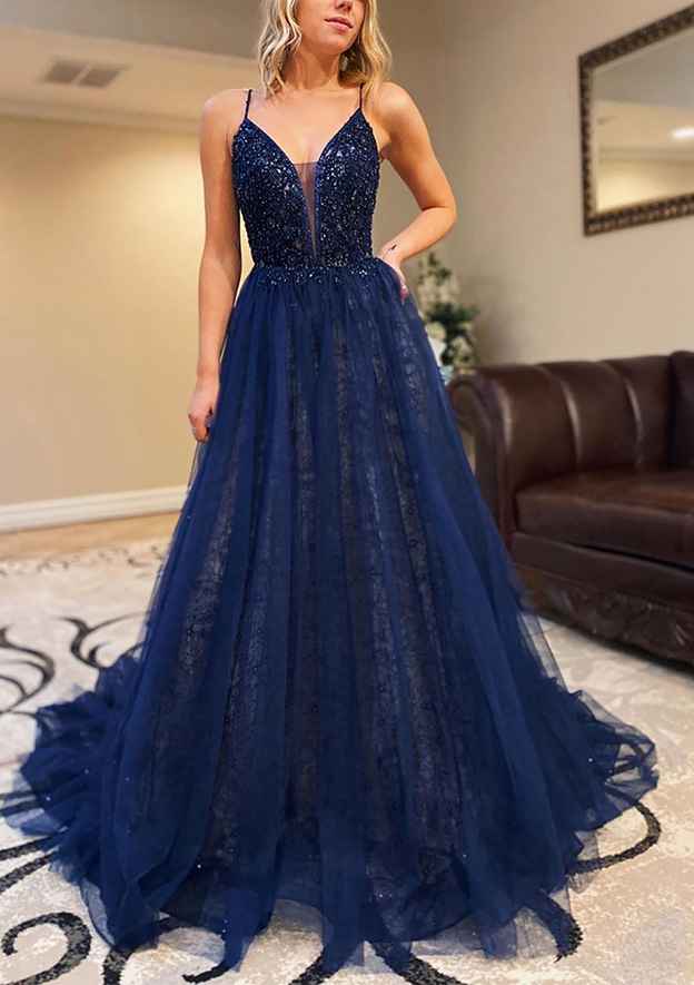 A-Line V-Neck Spaghetti Straps Court Train Laced Tulle Prom Dress/Evening Dress with Beading Sequins