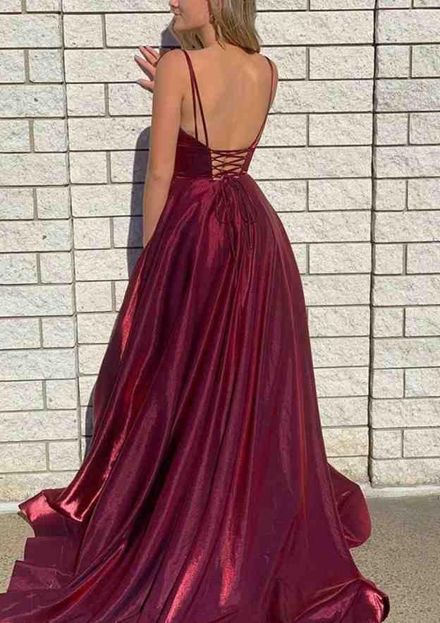 A-Line V-Neck Spaghetti Straps Court Train Satin Organza Prom Dress/Evening Dress With Pockets and Split