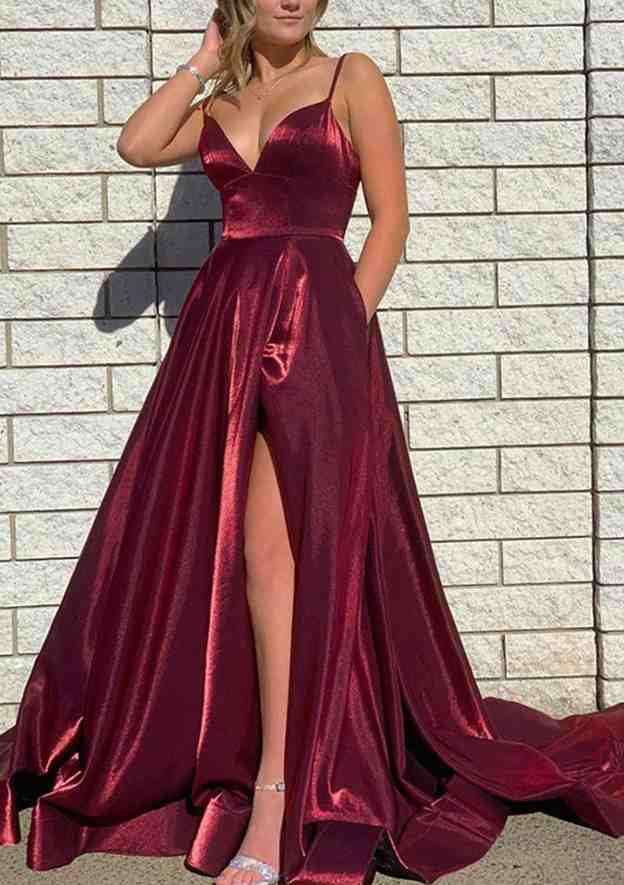 A-Line V-Neck Spaghetti Straps Court Train Satin Organza Prom Dress/Evening Dress With Pockets and Split