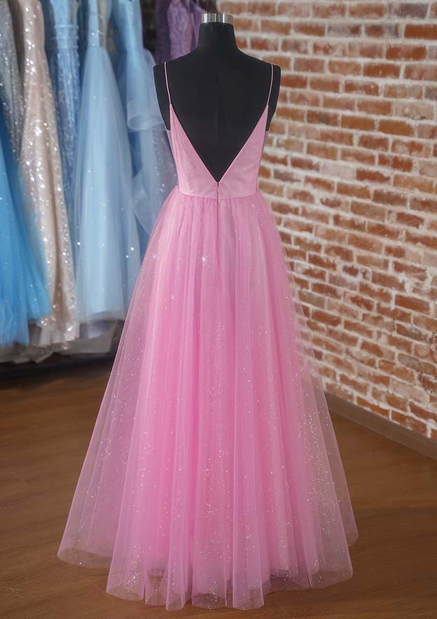 A-Line V-Neck Spaghetti Straps Glitter Prom Dress/Evening Dress with Pockets - Floor-Length Tulle