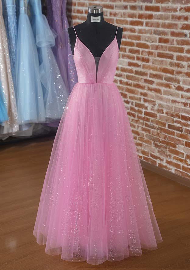 A-Line V-Neck Spaghetti Straps Glitter Prom Dress/Evening Dress with Pockets - Floor-Length Tulle