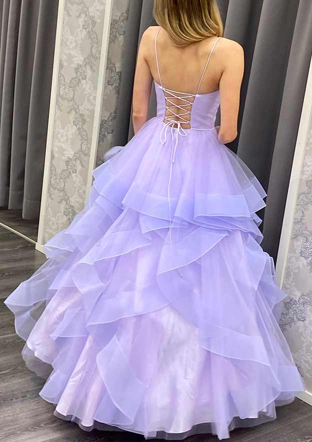 A-Line V-Neck Spaghetti Straps Long Prom Dress/Evening Dress with Ruffles in Organza