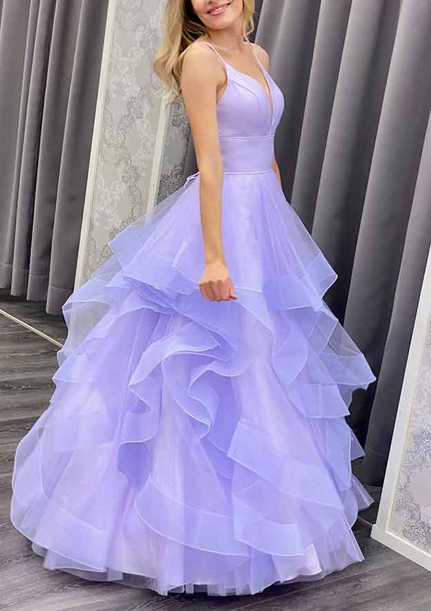 A-Line V-Neck Spaghetti Straps Long Prom Dress/Evening Dress with Ruffles in Organza