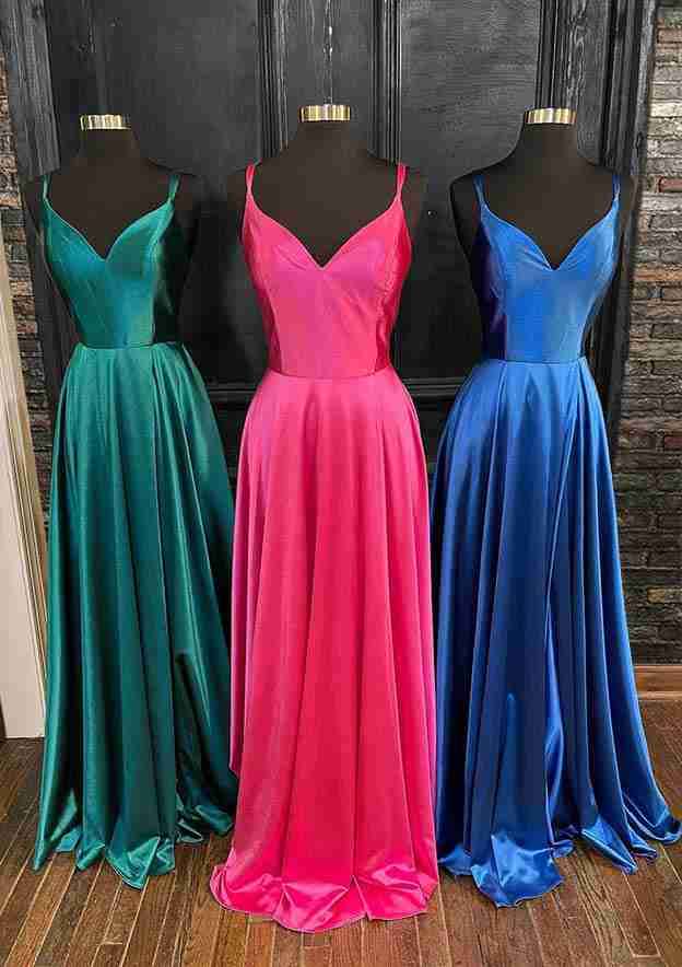 A-Line V-Neck Spaghetti Straps Long Silk-Like Satin Prom Dress/Evening Dress with Pockets