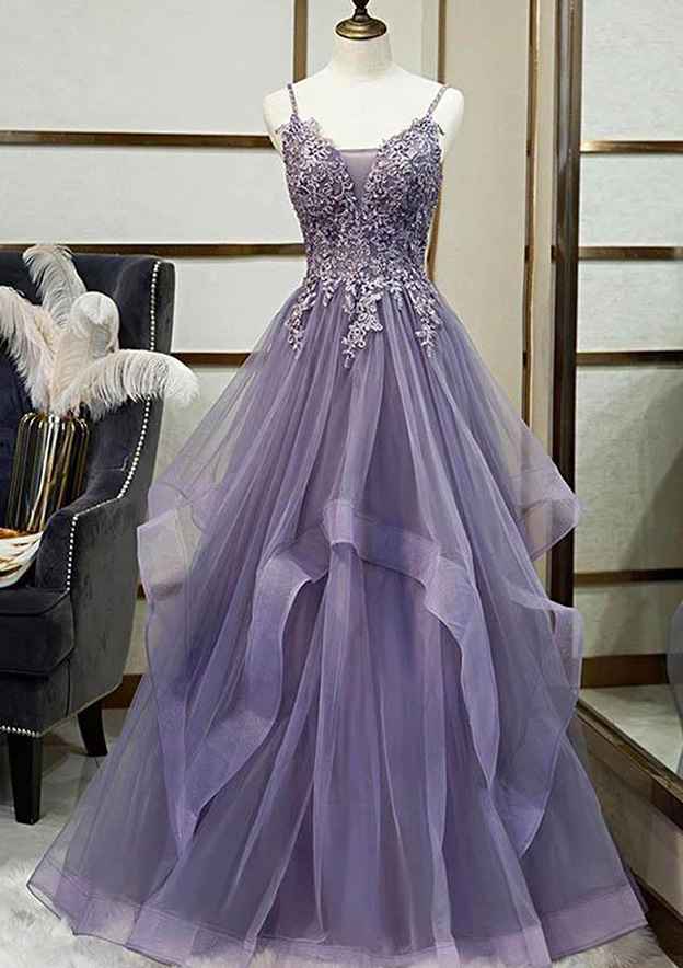 A-Line V-Neck Spaghetti Straps Long Tulle Prom Dress/Evening Dress with Appliqued Sequins