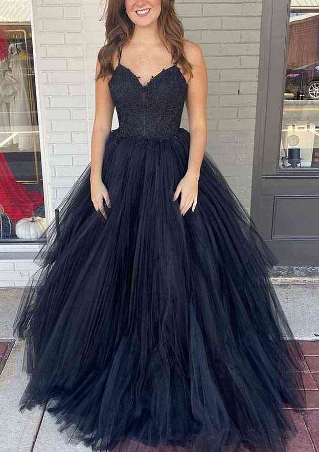 A-Line V-Neck Spaghetti Straps Long Tulle Prom Dress/Evening Dress with Appliques