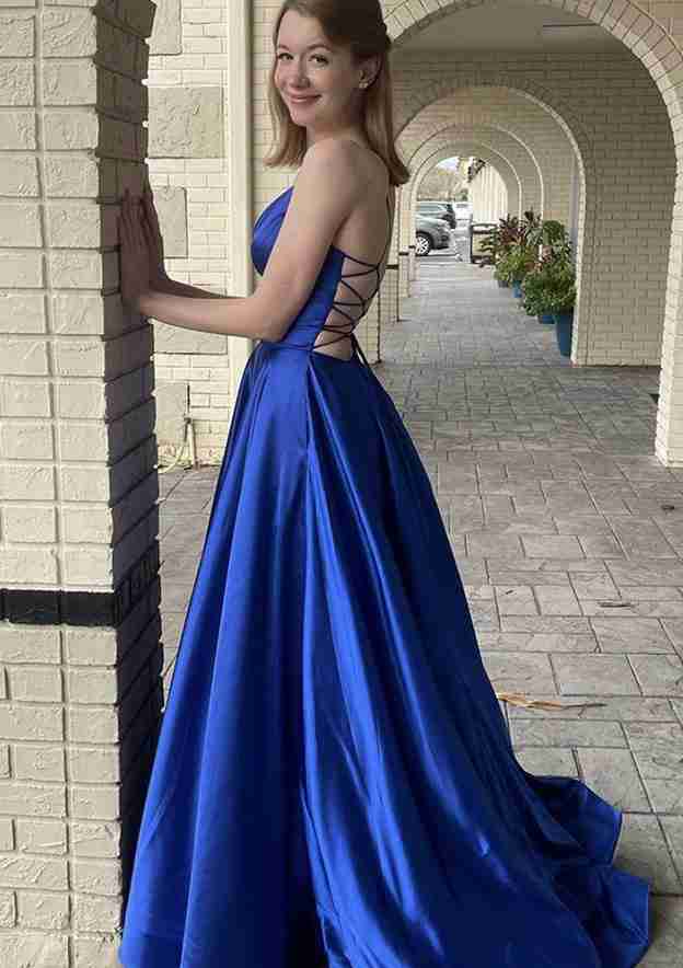 A-Line V-Neck Spaghetti Straps Prom Dress/Evening Dress With Pockets - Charmeuse Sweep Train