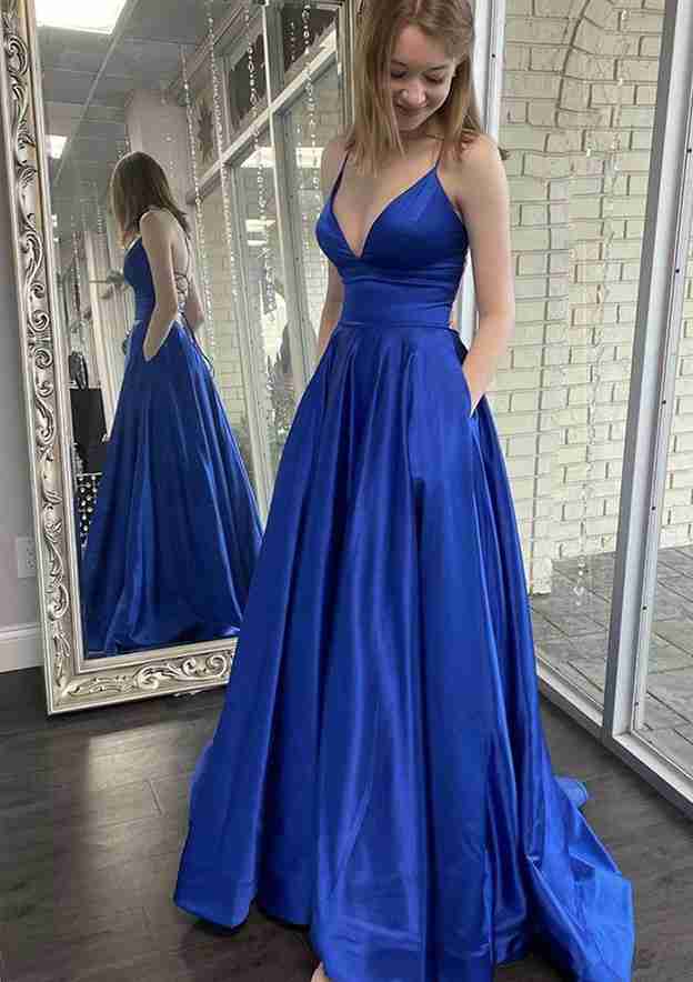 A-Line V-Neck Spaghetti Straps Prom Dress/Evening Dress With Pockets - Charmeuse Sweep Train