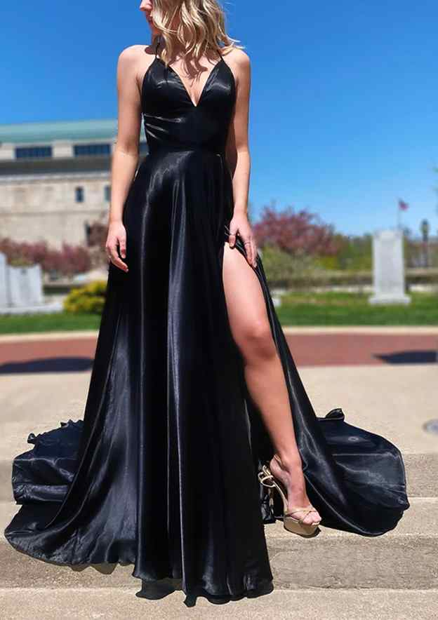 A-Line V-Neck Spaghetti Straps Sweep Train Charmeuse Prom Dress/Evening Dress With Split