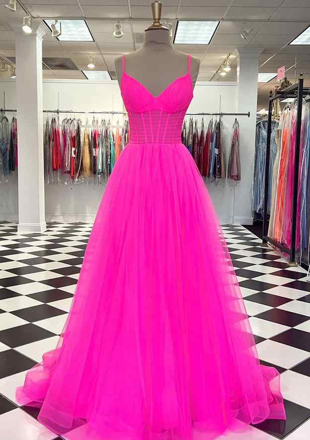 A-Line V-Neck Spaghetti Straps Sweep Train Tulle Prom Dress/Evening Dress with Pleated Detail