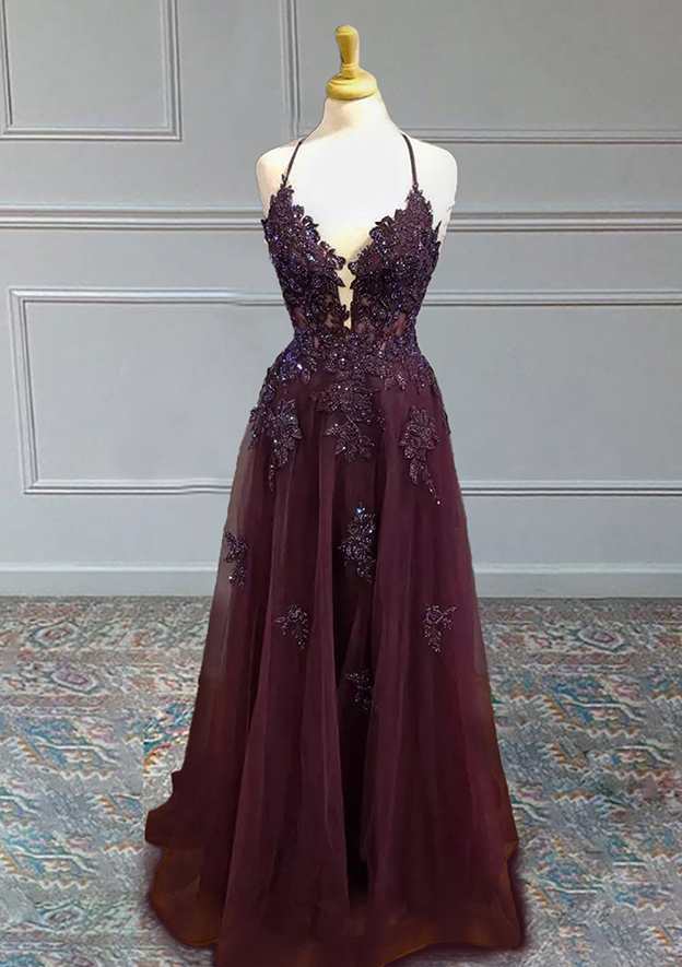 A-Line V-Neck Spaghetti Straps Tulle Prom Dress/Evening Dress With Beading Sequins Appliqued