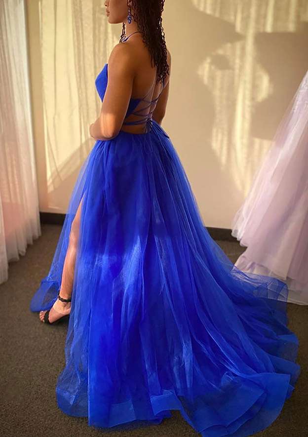 A-Line V-Neck Spaghetti Straps Tulle Prom Dress/Evening Dress With Split and Sweep Train