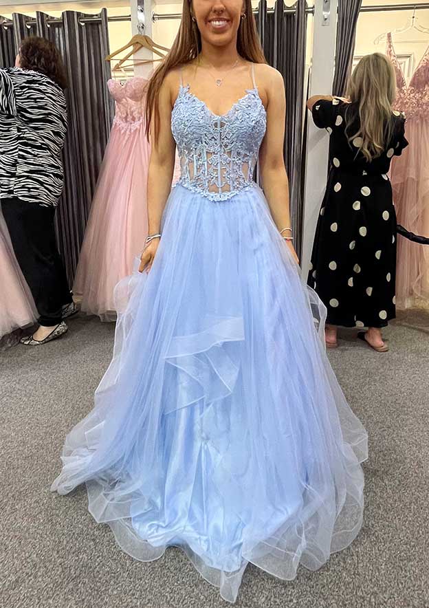 A-Line V-Neck Tulle Charmeuse Prom Dress/Evening Dress with Appliqued Laced