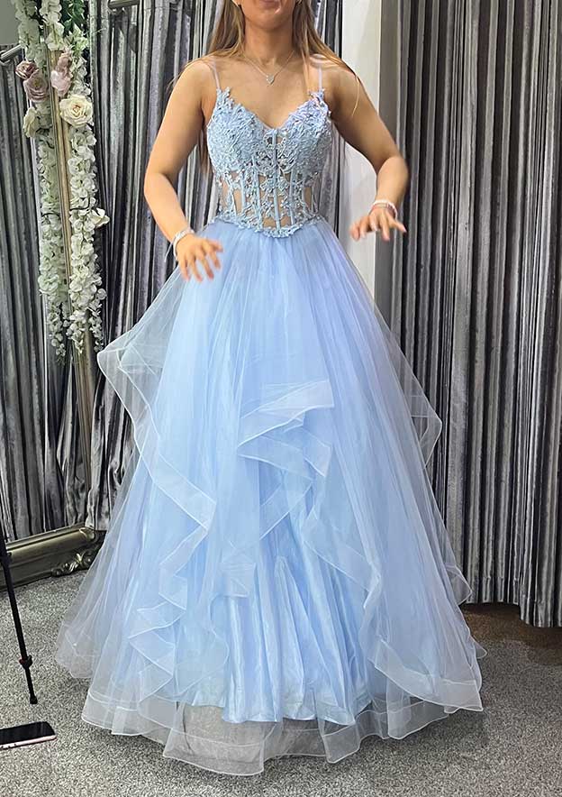 A-Line V-Neck Tulle Charmeuse Prom Dress/Evening Dress with Appliqued Laced